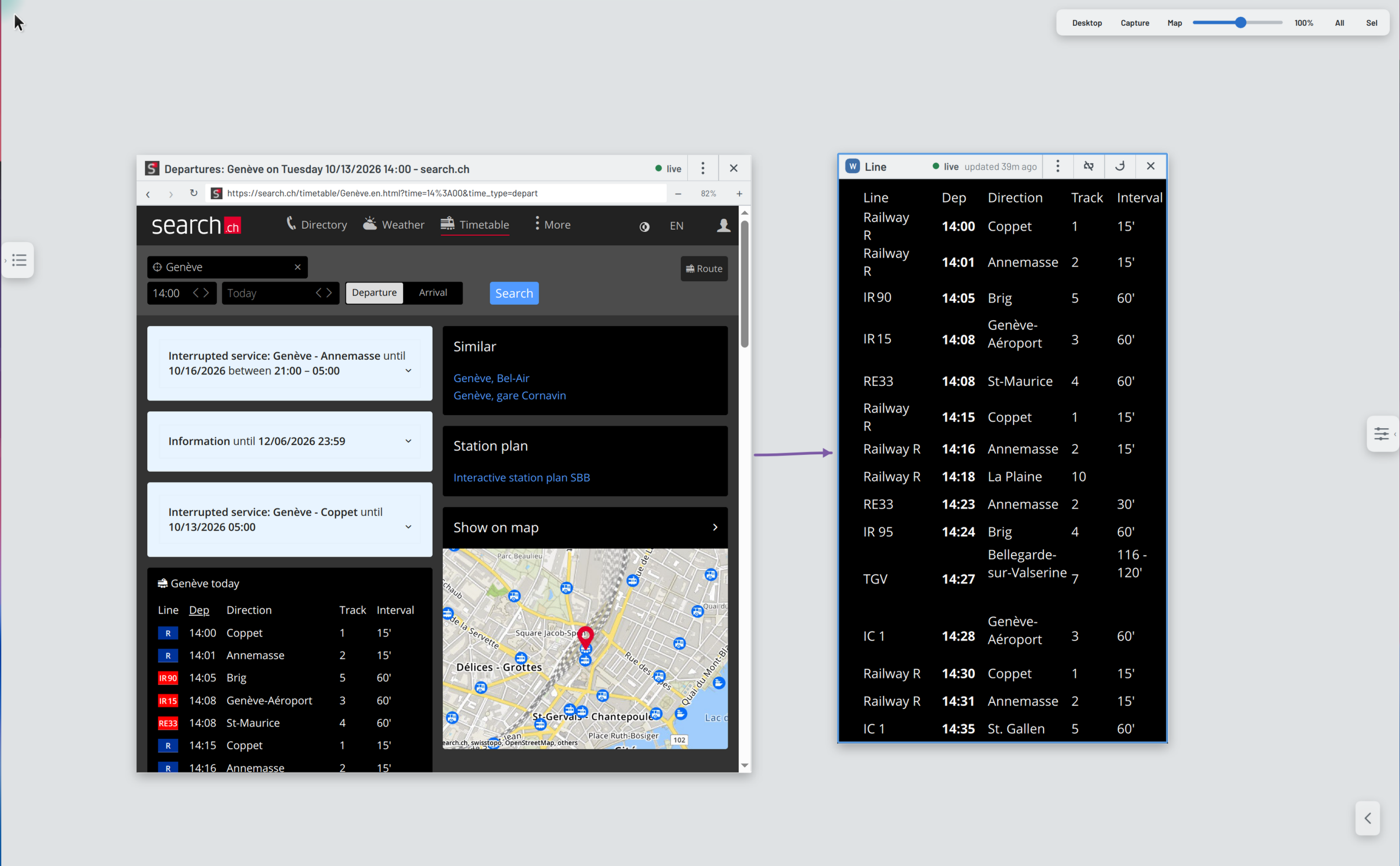 A live Geneva departure list pulled out of a timetable webpage onto the Cardo desktop