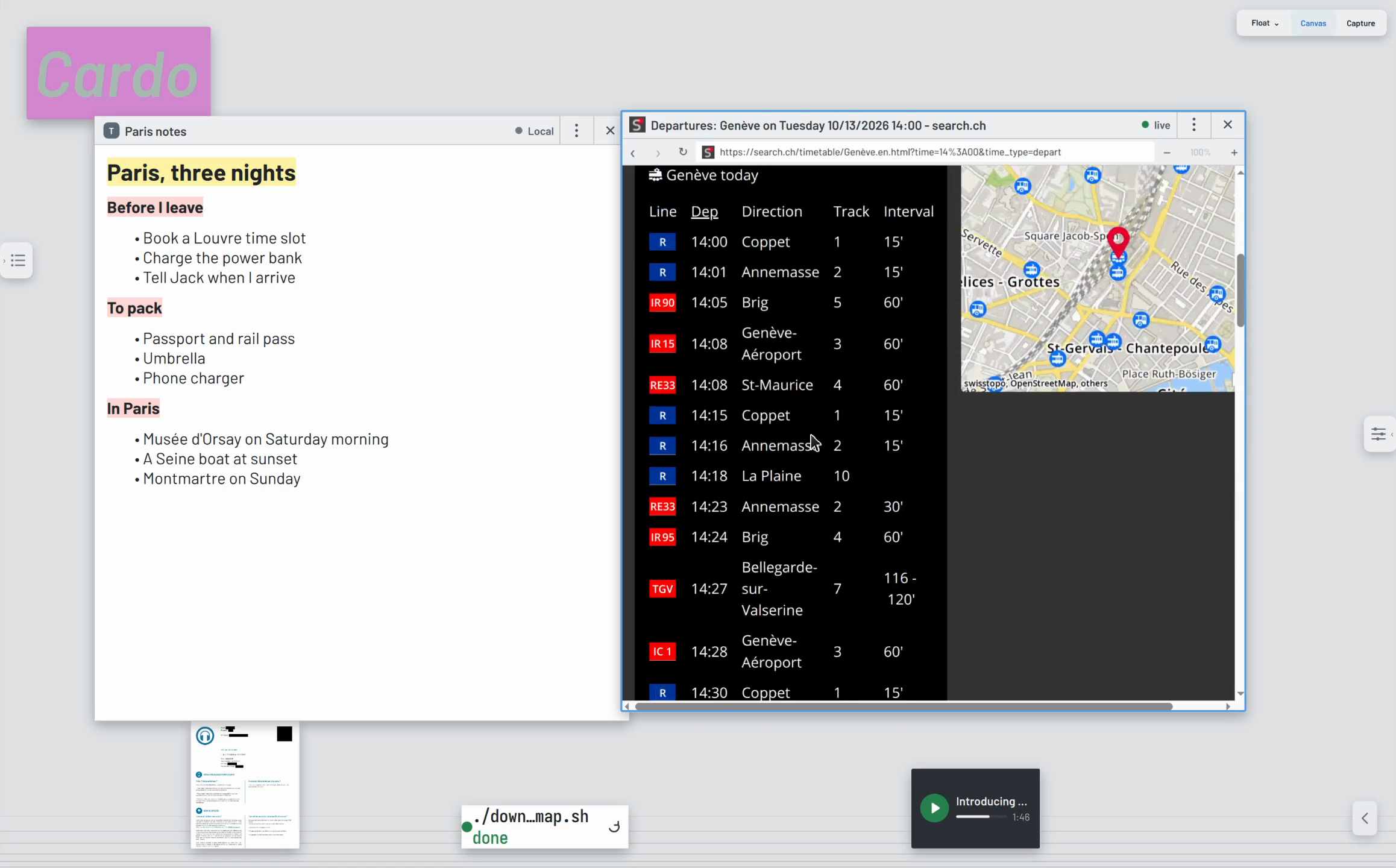 Trip notes and a departures page open on the desktop, with a PDF thumbnail, a Terminal status row, and a mini video player along the bottom edge