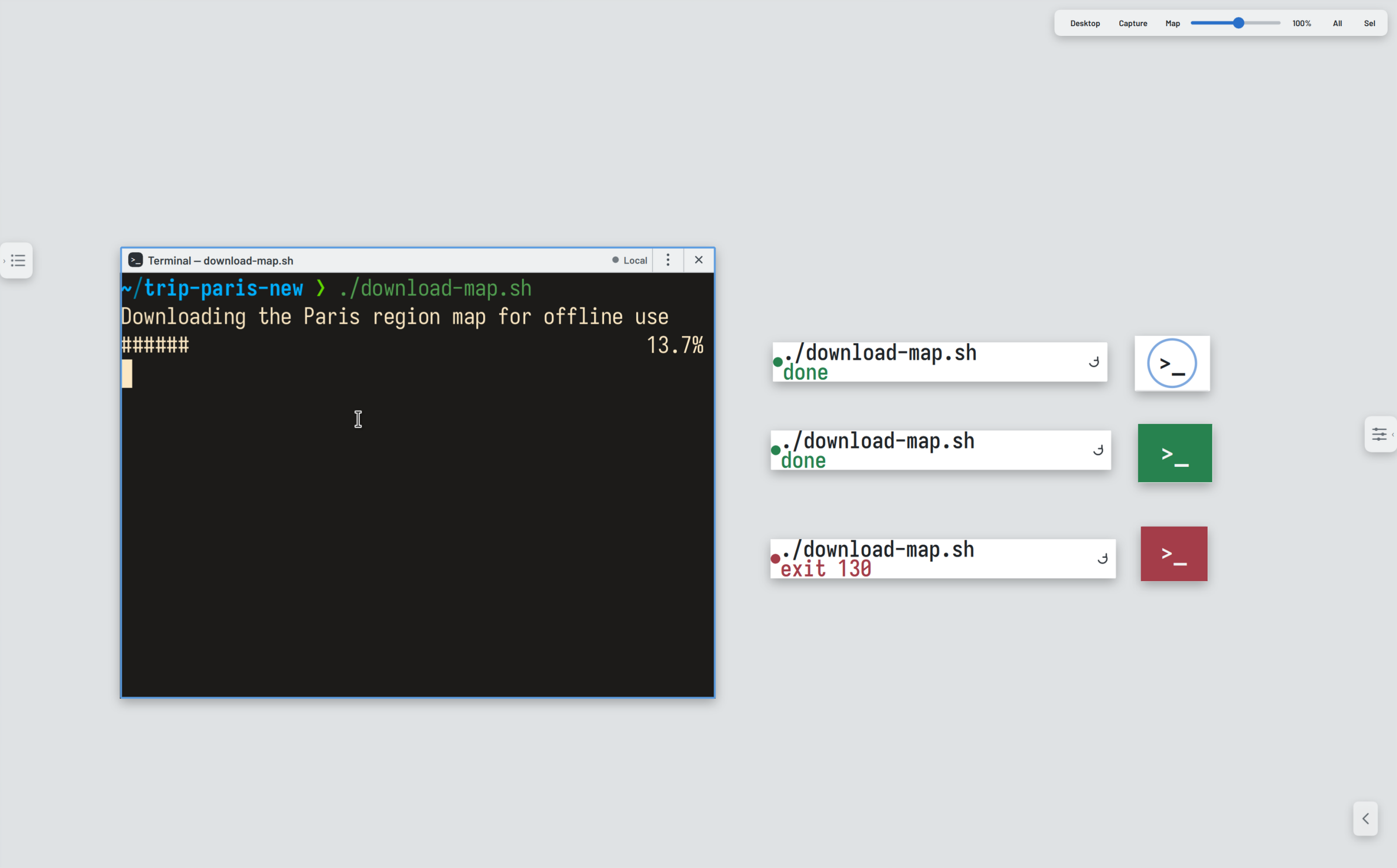 The same Terminal shown as a full window, status rows, and buttons